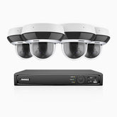 HZ504P - 8 Kanal Überwachungssystem mit 4 PTZ PoE Kameras, 3K-Auflösung, 4X Optischer Zoom, Objektiv 2,8-12 mm, Intelligente Verhaltensanalyse, IK10 Vandalensichere, Farbnachtsicht, Antibeschlag